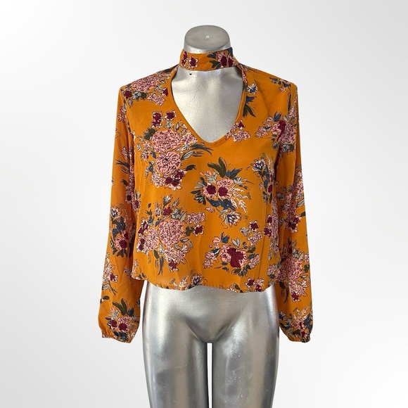 Live 4 Truth Tops - Live 4 Truth Mustard Floral Choker V-Neck Crop Blouse